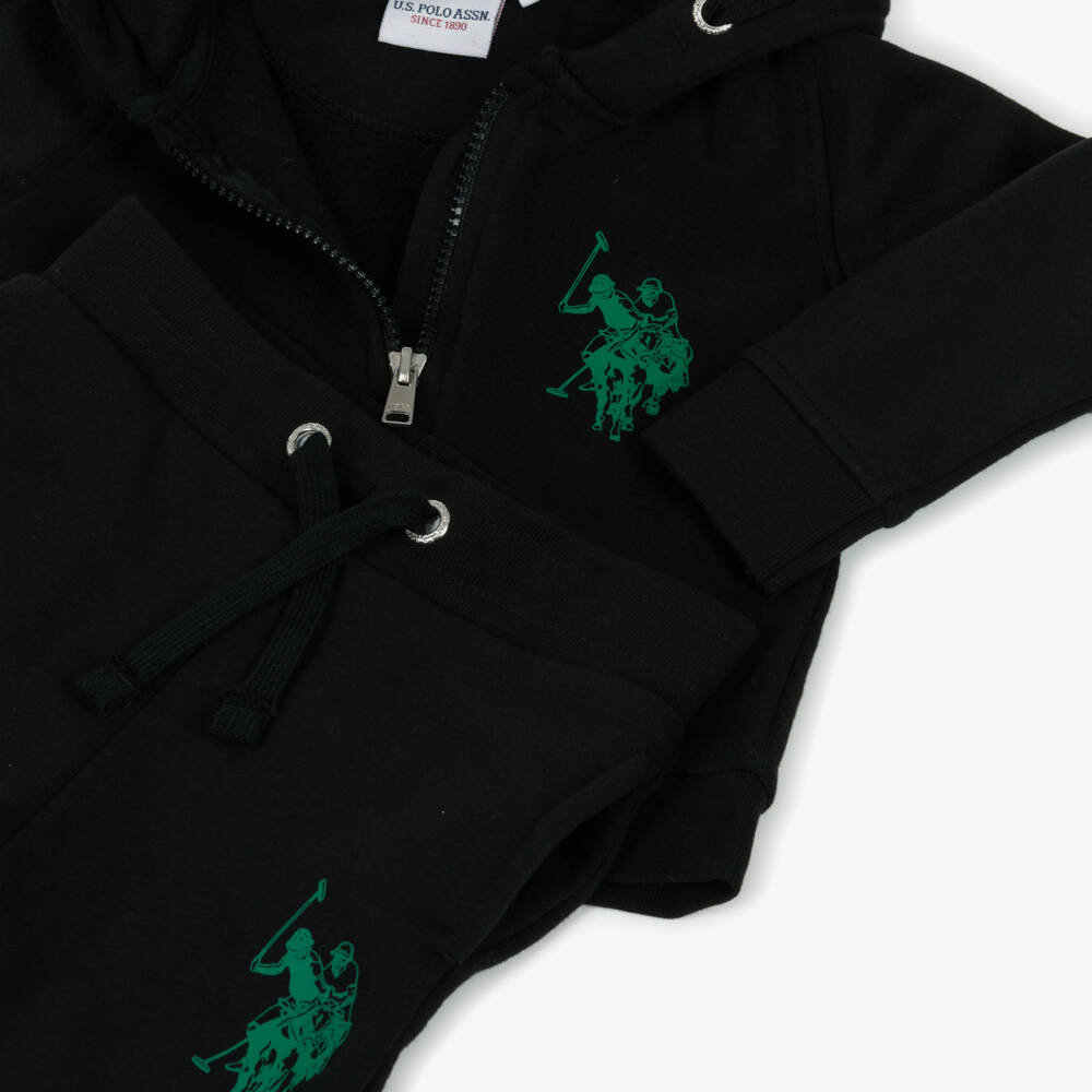 U.S. Polo Assn.-Boys Black Jersey Tracksuit with Green Double Horseman Logos | Childrensalon Outlet