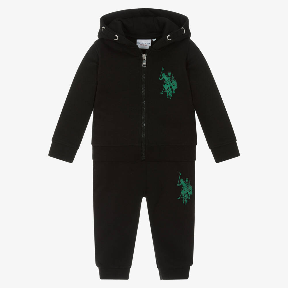 U.S. Polo Assn.-Boys Black Jersey Tracksuit with Green Double Horseman Logos | Childrensalon Outlet