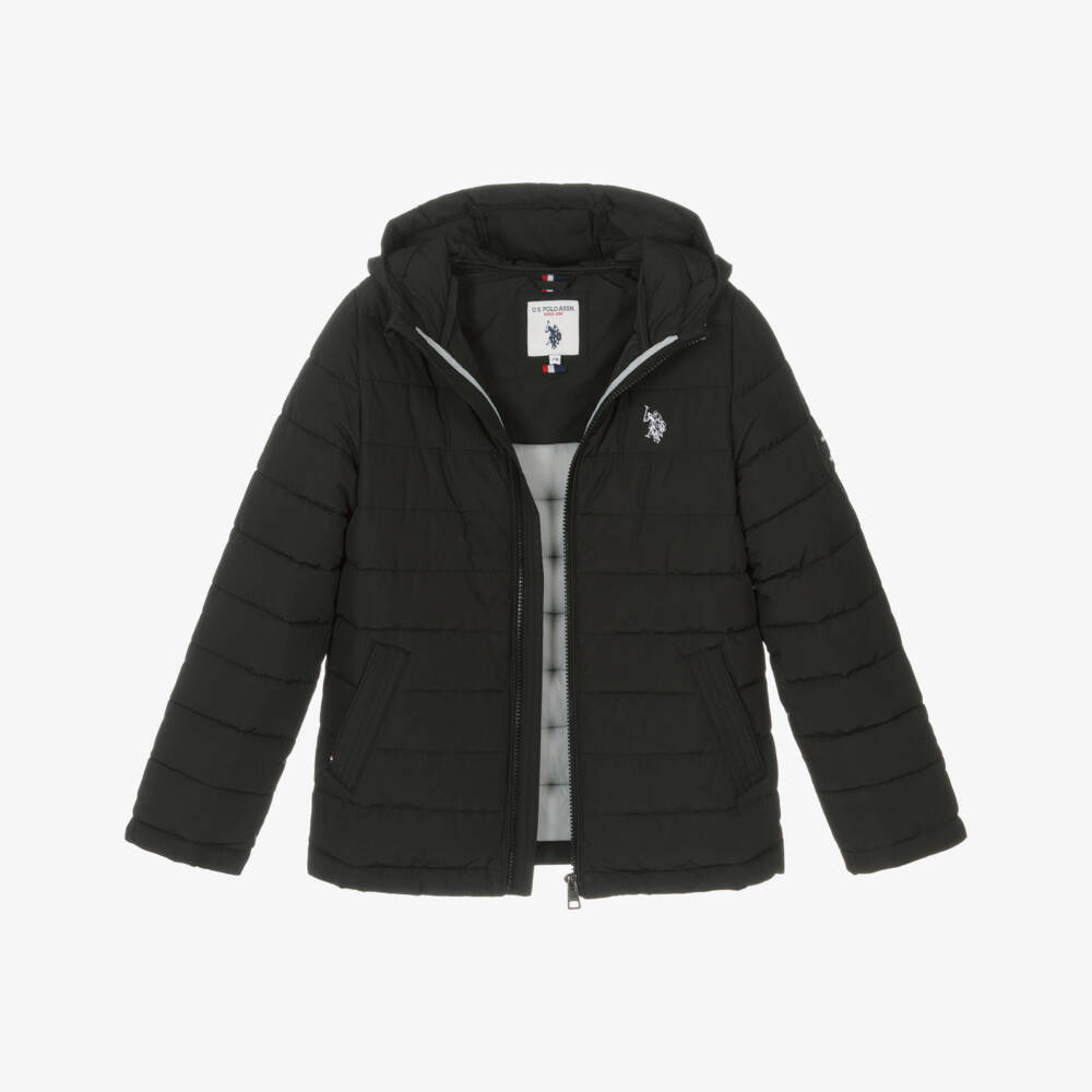 U.S. Polo Assn.-Boys Black Water Resistant Puffer Jacket With Hood | Childrensalon Outlet