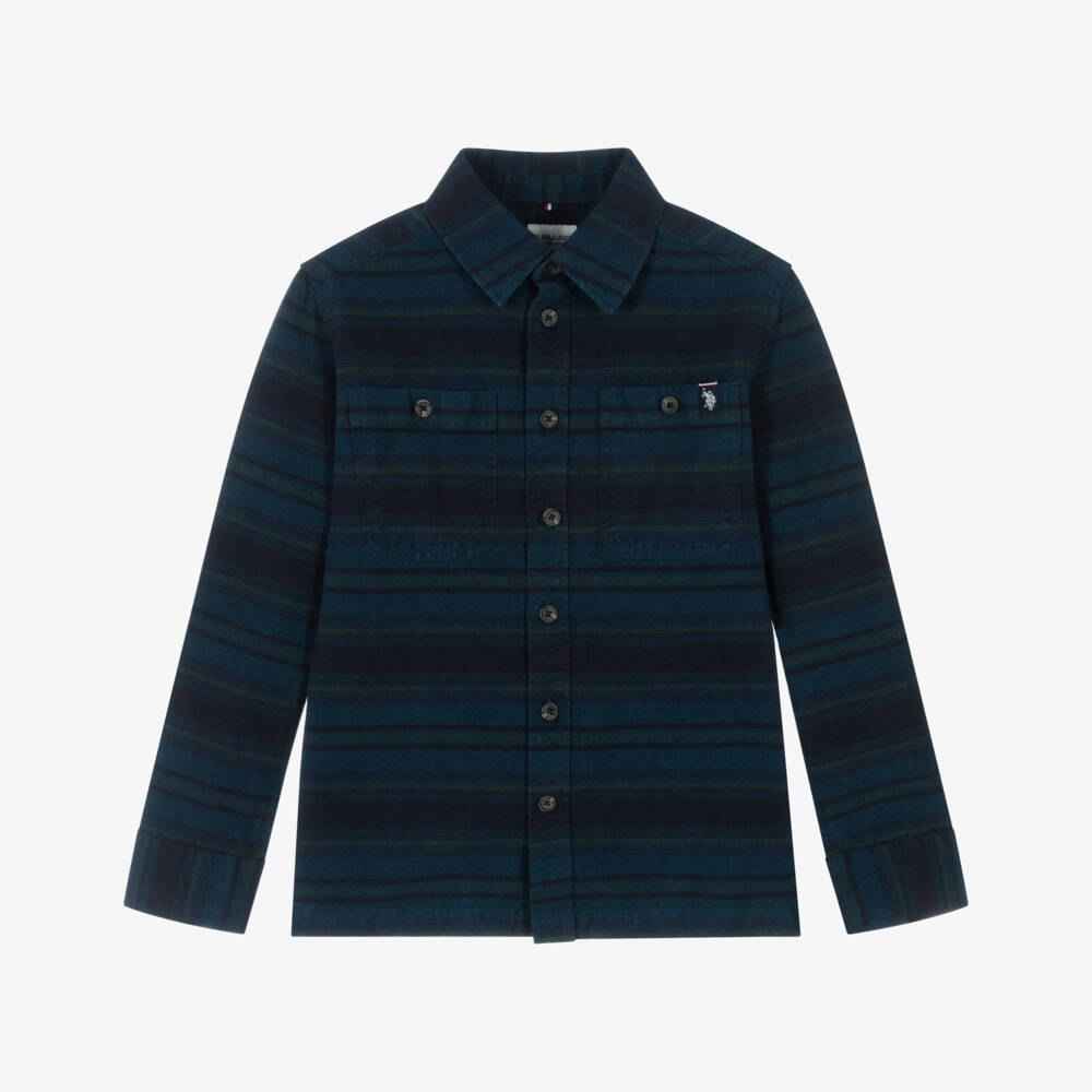 U.S. Polo Assn.-Boys Blue Brushed Stripe Overshirt | Childrensalon Outlet