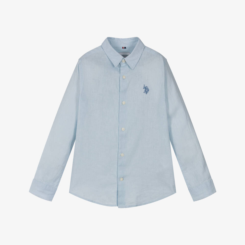 U.S. Polo Assn.-Boys Blue Cotton & Linen Shirt with Embroidered Logo | Childrensalon Outlet