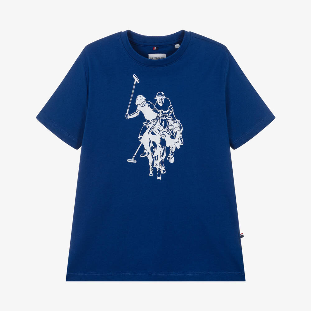 U.S. Polo Assn.-Boys Blue Cotton T-Shirt with Large Double Horsemen Logo  | Childrensalon Outlet
