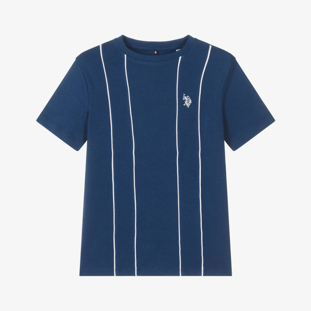 U.S. Polo Assn.-Boys Blue Cotton T-Shirt With Piping | Childrensalon Outlet