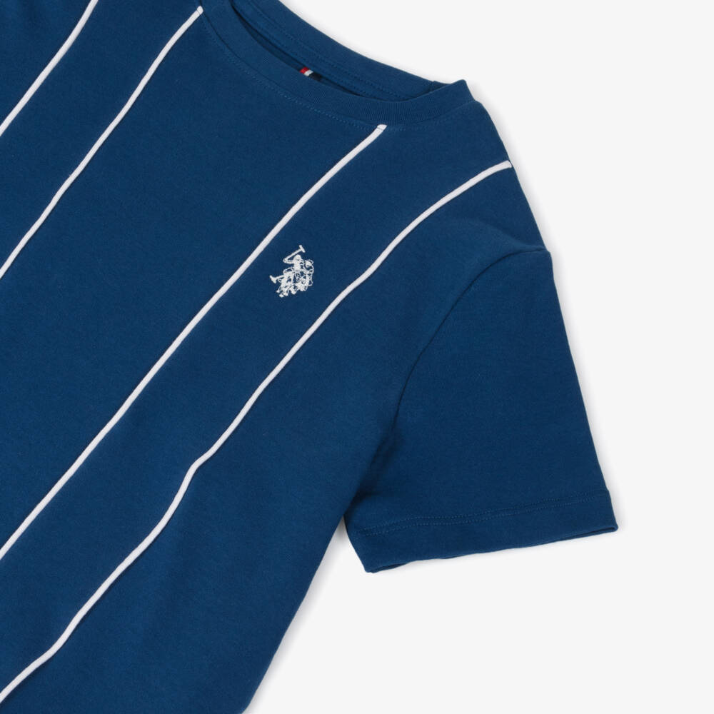 U.S. Polo Assn.-Boys Blue Cotton T-Shirt With Piping | Childrensalon Outlet