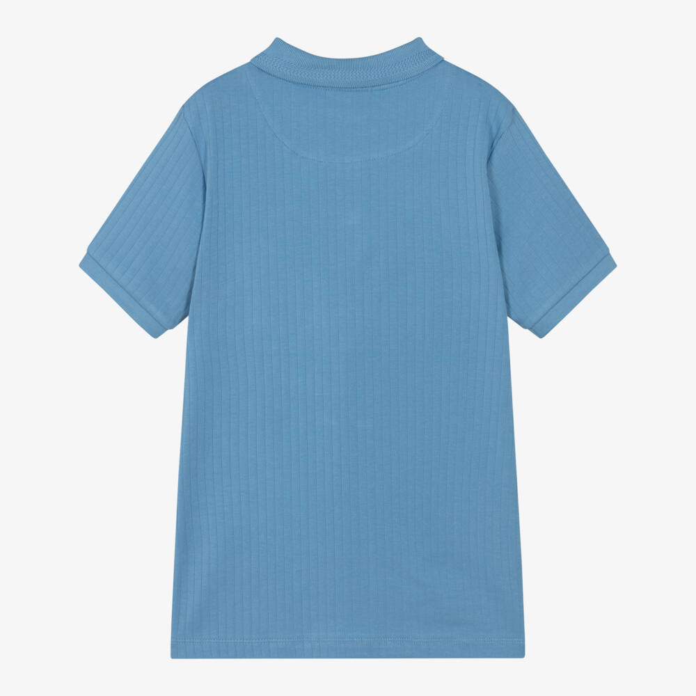 U.S. Polo Assn.-Boys Blue Ribbed Cotton Polo Shirt with Double Horsemen Logo | Childrensalon Outlet
