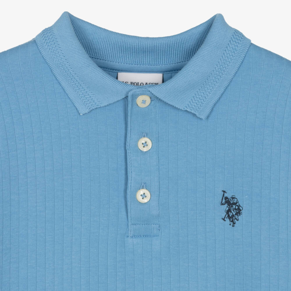 U.S. Polo Assn.-Boys Blue Ribbed Cotton Polo Shirt with Double Horsemen Logo | Childrensalon Outlet