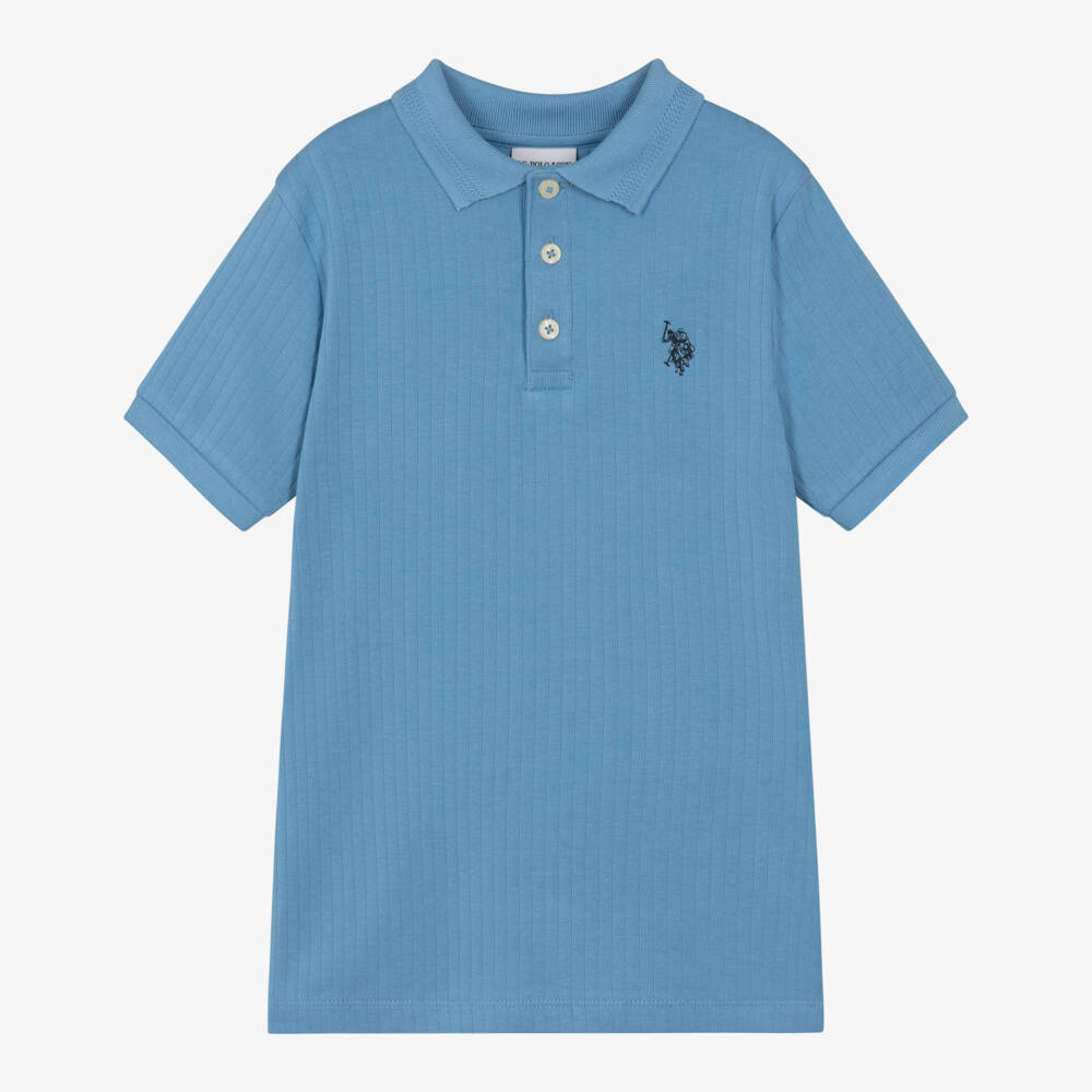 U.S. Polo Assn.-Boys Blue Ribbed Cotton Polo Shirt with Double Horsemen Logo | Childrensalon Outlet