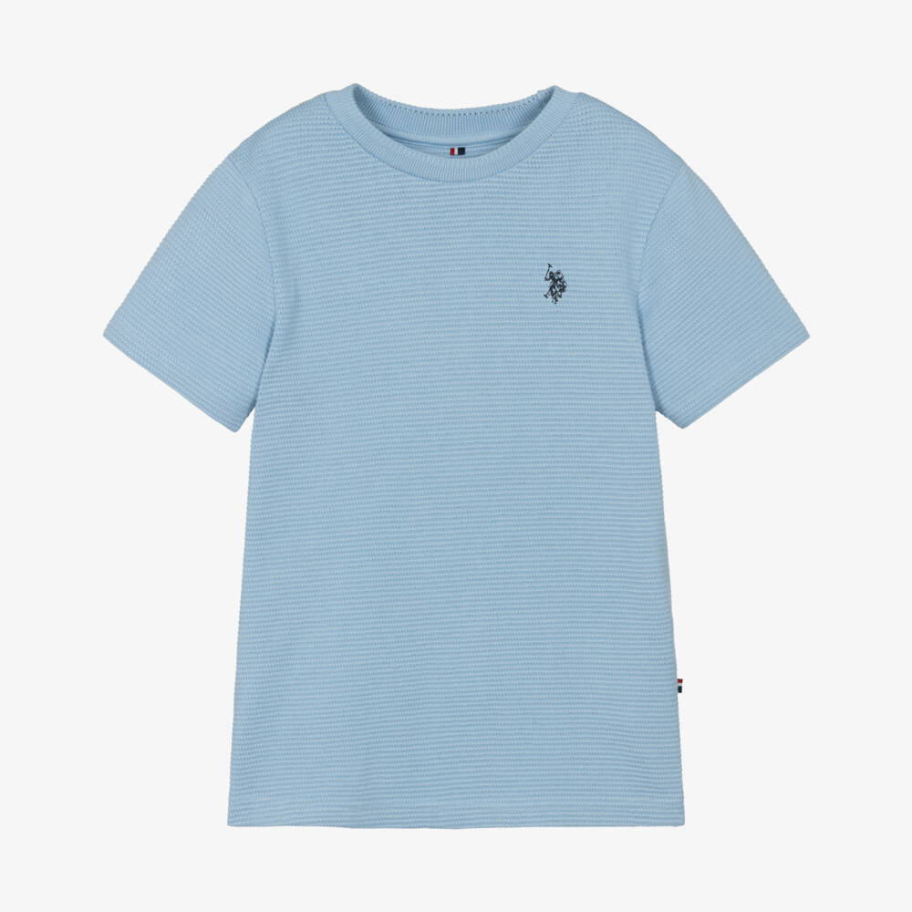 U.S. Polo Assn.-Boys Blue Textured Cotton Jersey Short-Sleeved T-Shirt | Childrensalon Outlet