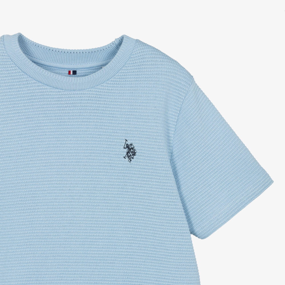 U.S. Polo Assn.-Boys Blue Textured Cotton Jersey Short-Sleeved T-Shirt | Childrensalon Outlet