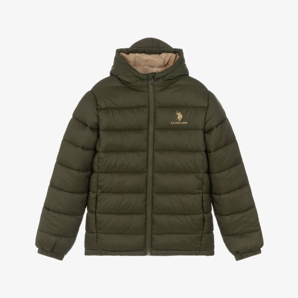 U.S. Polo Assn.-Boys Green Hooded Puffer Coat with Double Horsemen Logo | Childrensalon Outlet