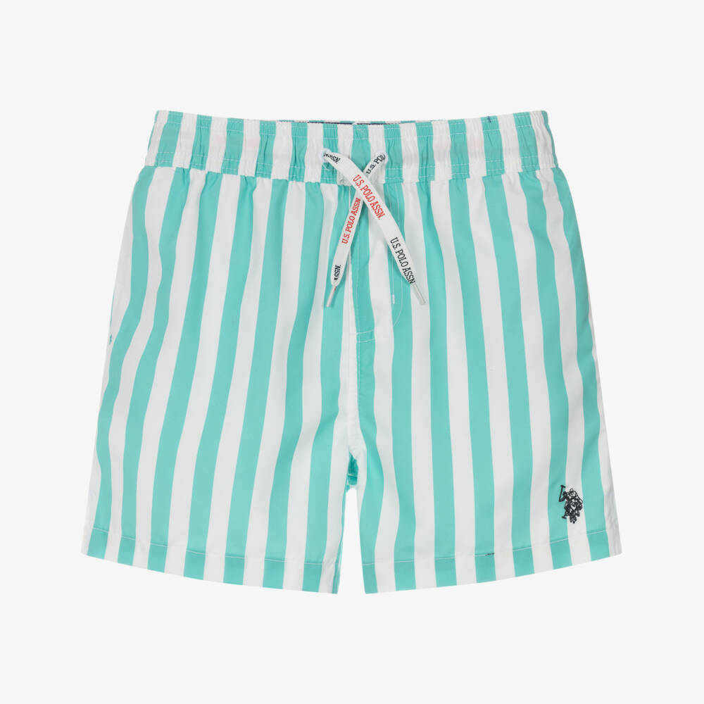 U.S. Polo Assn.-Boys Green & White Stripe Swim Shorts | Childrensalon Outlet