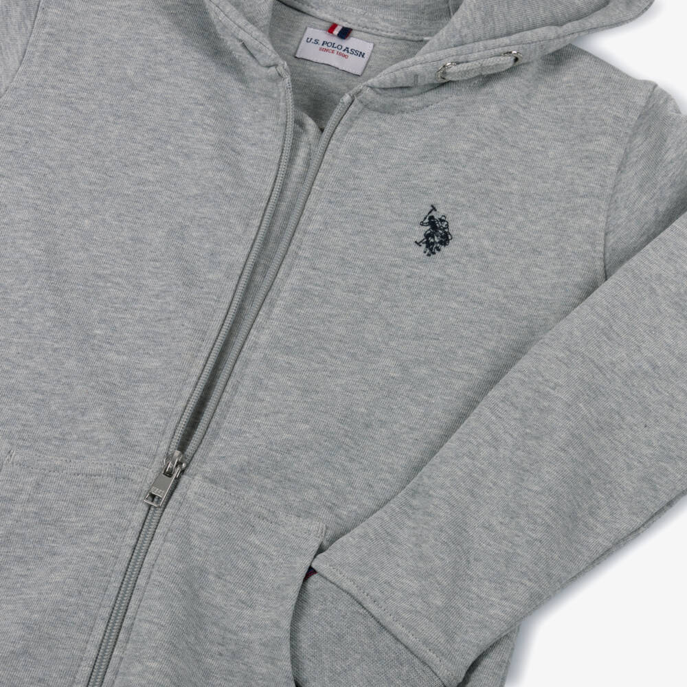 U.S. Polo Assn.-Boys Grey Cotton Hooded Zip-up Top with Embroidered Logo | Childrensalon Outlet