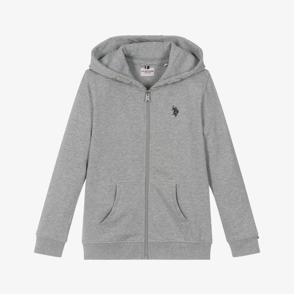 U.S. Polo Assn.-Boys Grey Cotton Hooded Zip-up Top with Embroidered Logo | Childrensalon Outlet