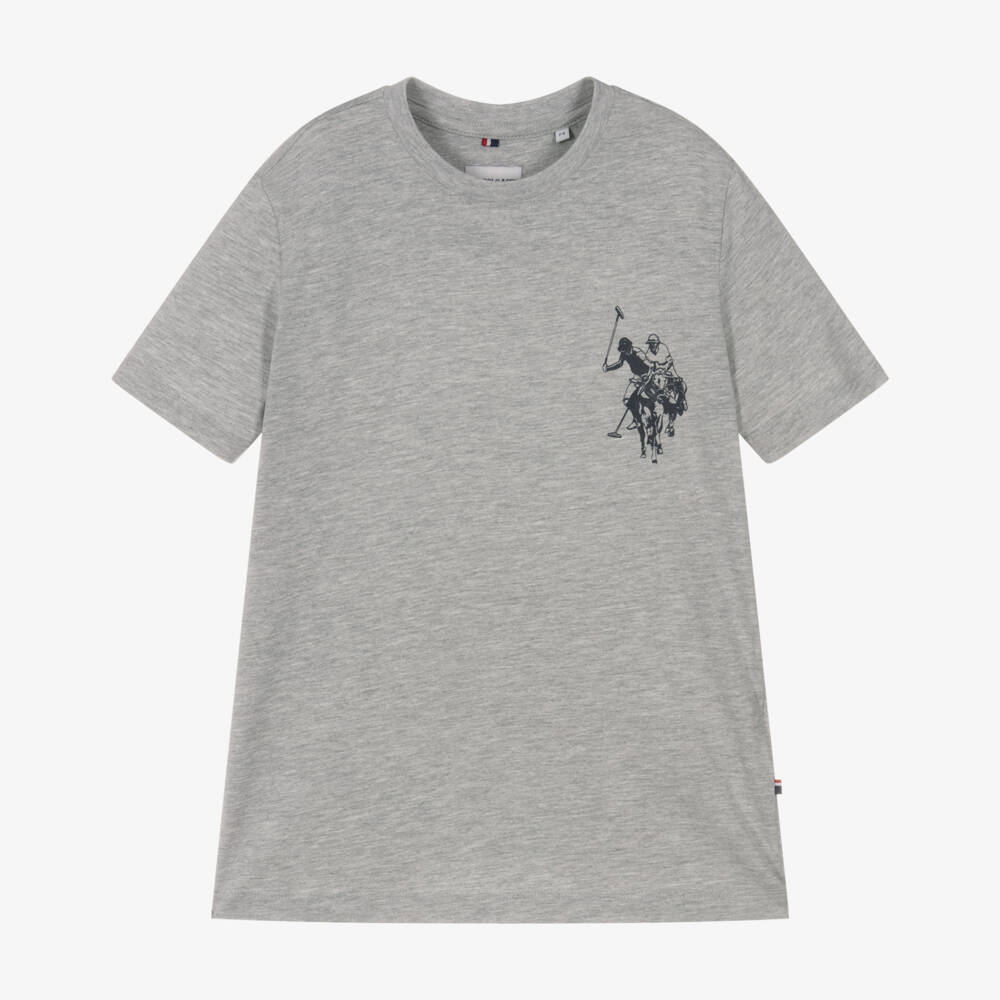 U.S. Polo Assn.-Boys Grey Cotton T-Shirt with Double Horsemen Logo | Childrensalon Outlet