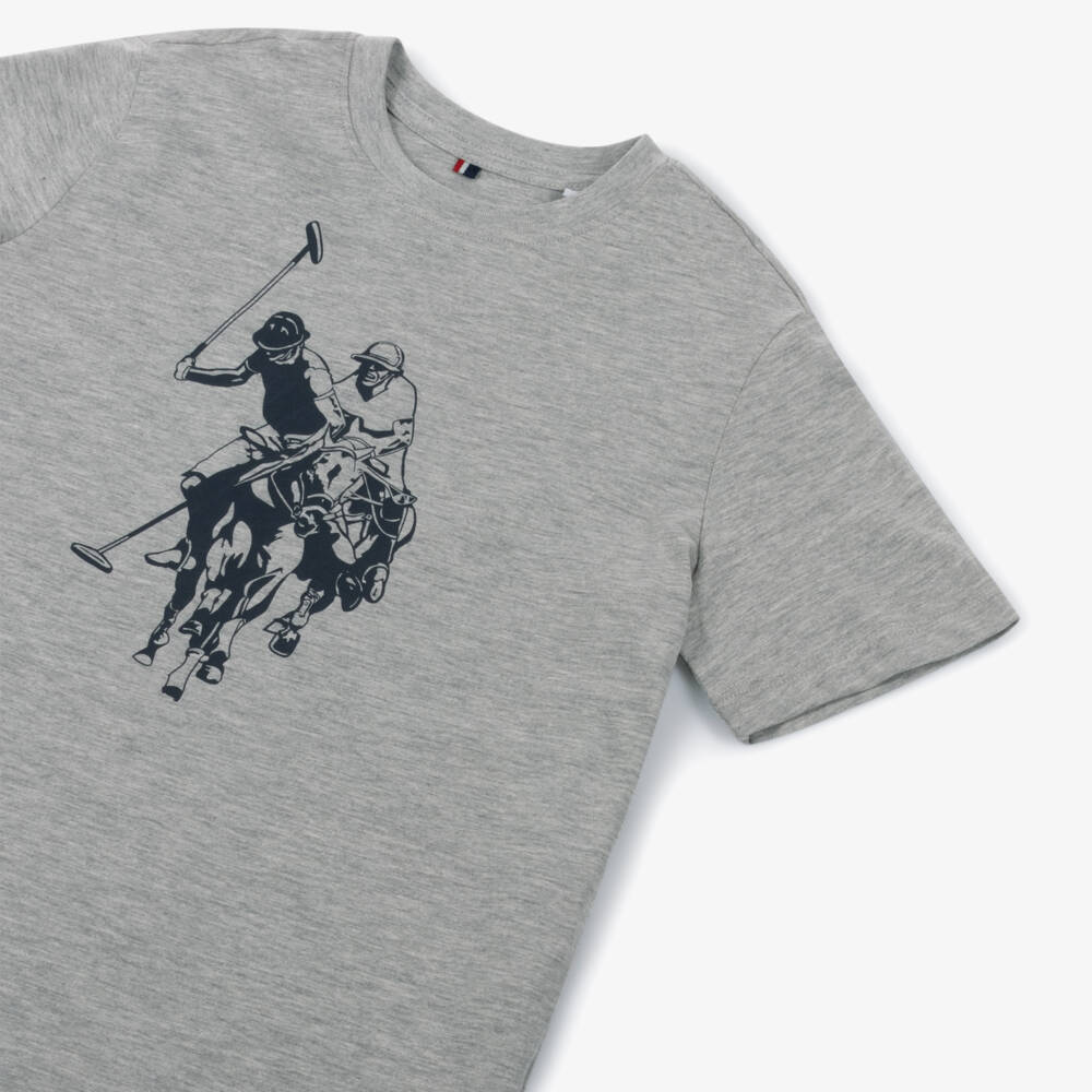 U.S. Polo Assn.-Boys Grey Cotton T-Shirt with Large Double Horsemen Logo | Childrensalon Outlet