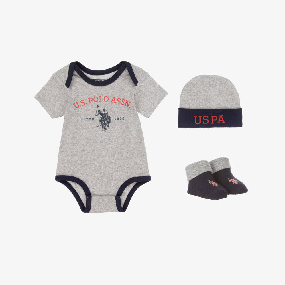 U.S. Polo Assn.-Boys Grey Marl Cotton Babysuit Set  | Childrensalon Outlet