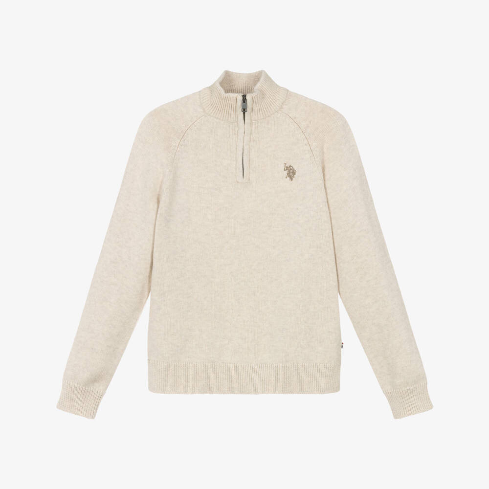 U.S. Polo Assn.-Boys Ivory Marl Knit Zip-Up Top | Childrensalon Outlet