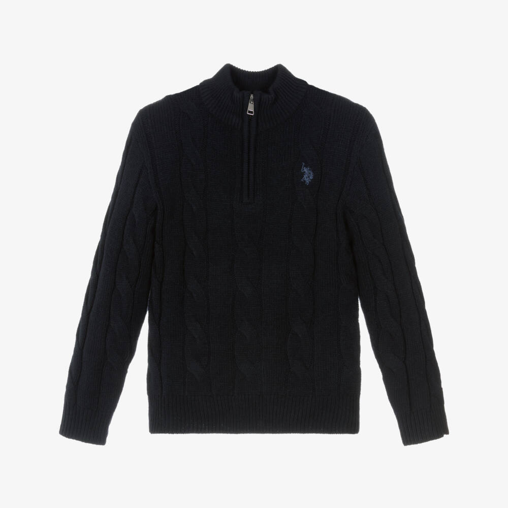 U.S. Polo Assn.-Boys Navy Blue Cable Knit Sweater with Quarter Zip | Childrensalon Outlet