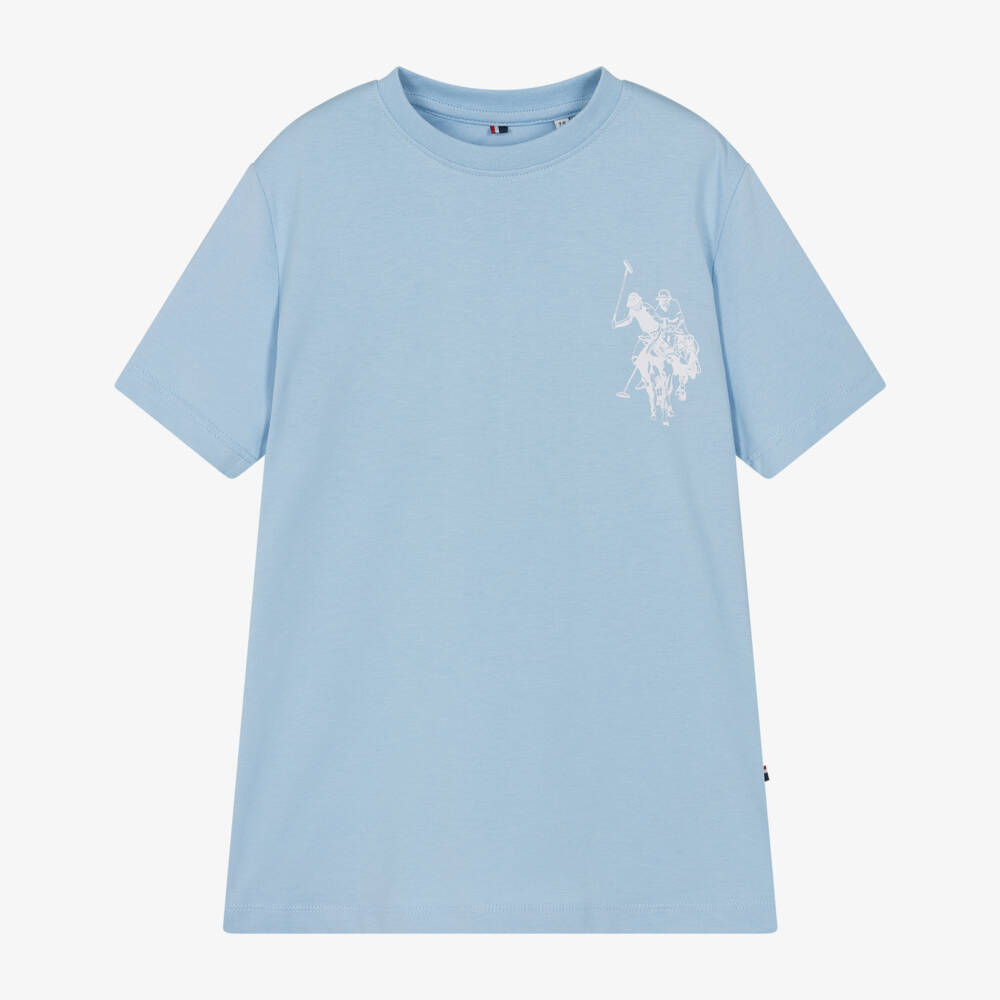 U.S. Polo Assn.-Boys Pale Blue Cotton T-Shirt with Large Player Logo | Childrensalon Outlet