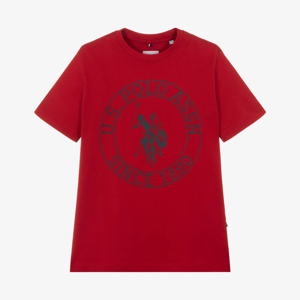U.S. Polo Assn.-Boys Red Cotton T-Shirt with Double Horsemen Circle Logo | Childrensalon Outlet