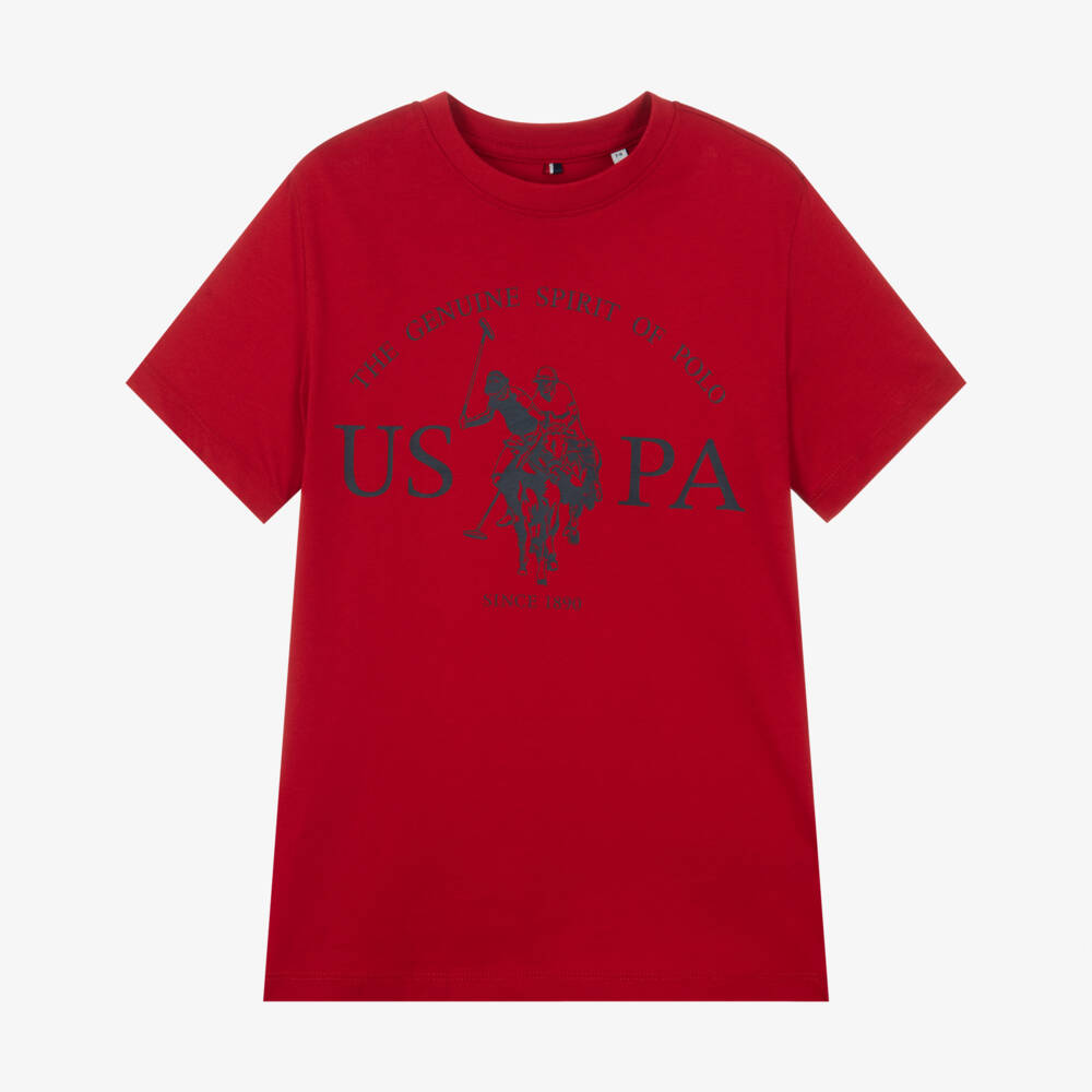 U.S. Polo Assn.-Boys Red Cotton T-Shirt with Graphic Logo Print | Childrensalon Outlet