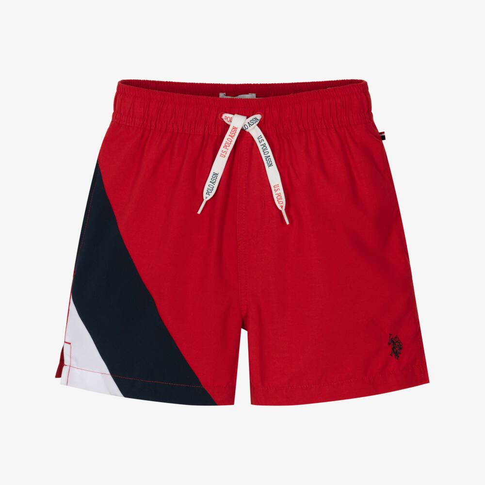 U.S. Polo Assn.-Boys Red Swim Shorts with Double Horsemen Logo | Childrensalon Outlet