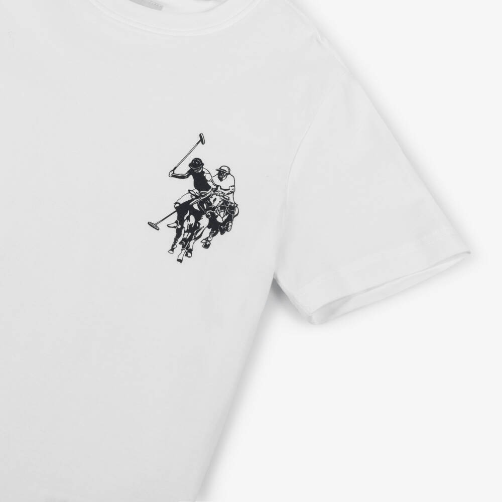 U.S. Polo Assn.-Boys White Cotton T-Shirt with Double Horsemen Logo | Childrensalon Outlet