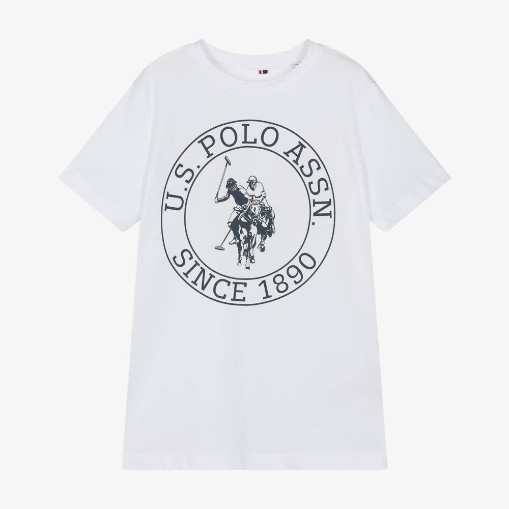 U.S. Polo Assn.-Boys White Cotton T-Shirt with Navy Blue Circle Logo | Childrensalon Outlet