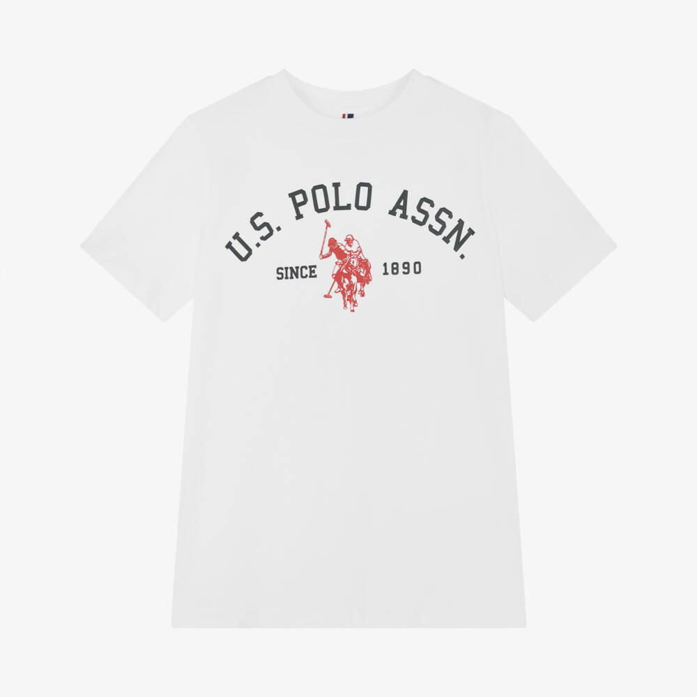 U.S. Polo Assn.-تيشيرت قطن بياقة دائرية لون أبيض للأولاد | Childrensalon Outlet