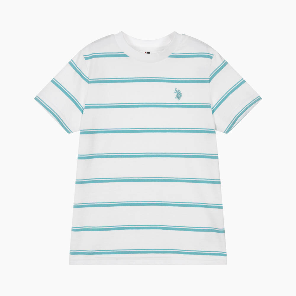 U.S. Polo Assn.-Boys White & Turquoise Blue Stripe Cotton T-Shirt | Childrensalon Outlet