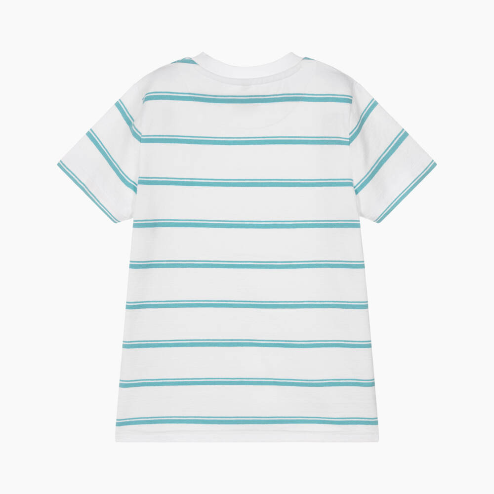 U.S. Polo Assn.-Boys White & Turquoise Blue Stripe Cotton T-Shirt | Childrensalon Outlet
