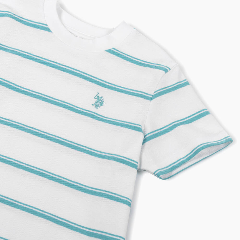 U.S. Polo Assn.-Boys White & Turquoise Blue Stripe Cotton T-Shirt | Childrensalon Outlet