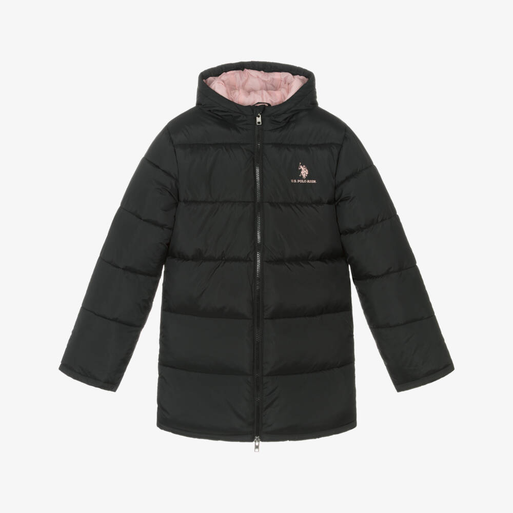 U.S. Polo Assn.-Girls Black Hooded Coat | Childrensalon Outlet