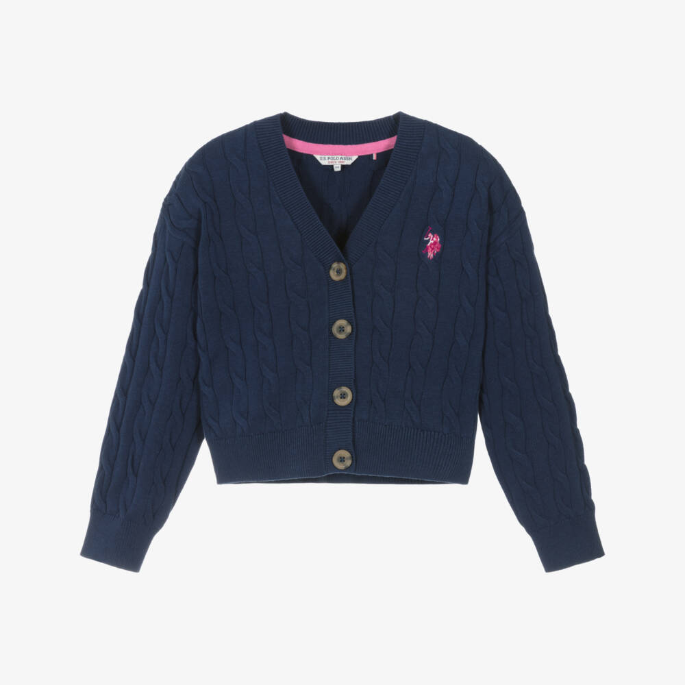 U.S. Polo Assn.-Girls Blue Cable Knit Cotton Cardigan | Childrensalon Outlet