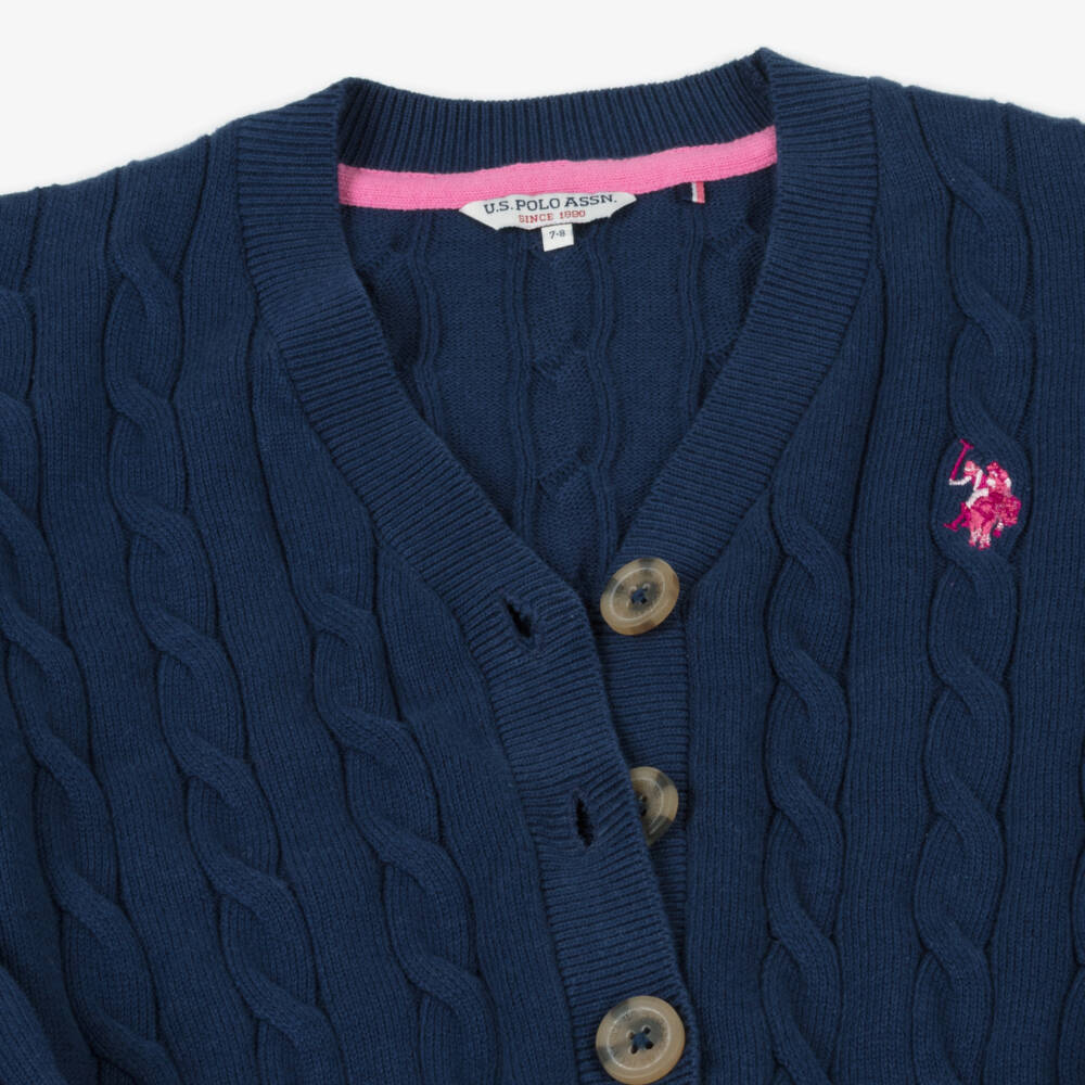 U.S. Polo Assn.-Girls Blue Cable Knit Cotton Cardigan | Childrensalon Outlet