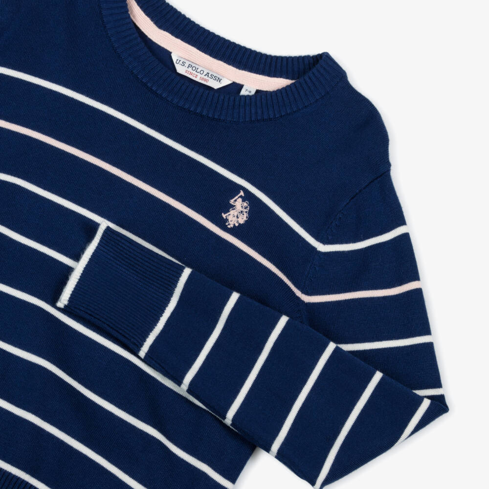 U.S. Polo Assn.-بلوفر مخطط محبوك لون أزرق للبنات | Childrensalon Outlet