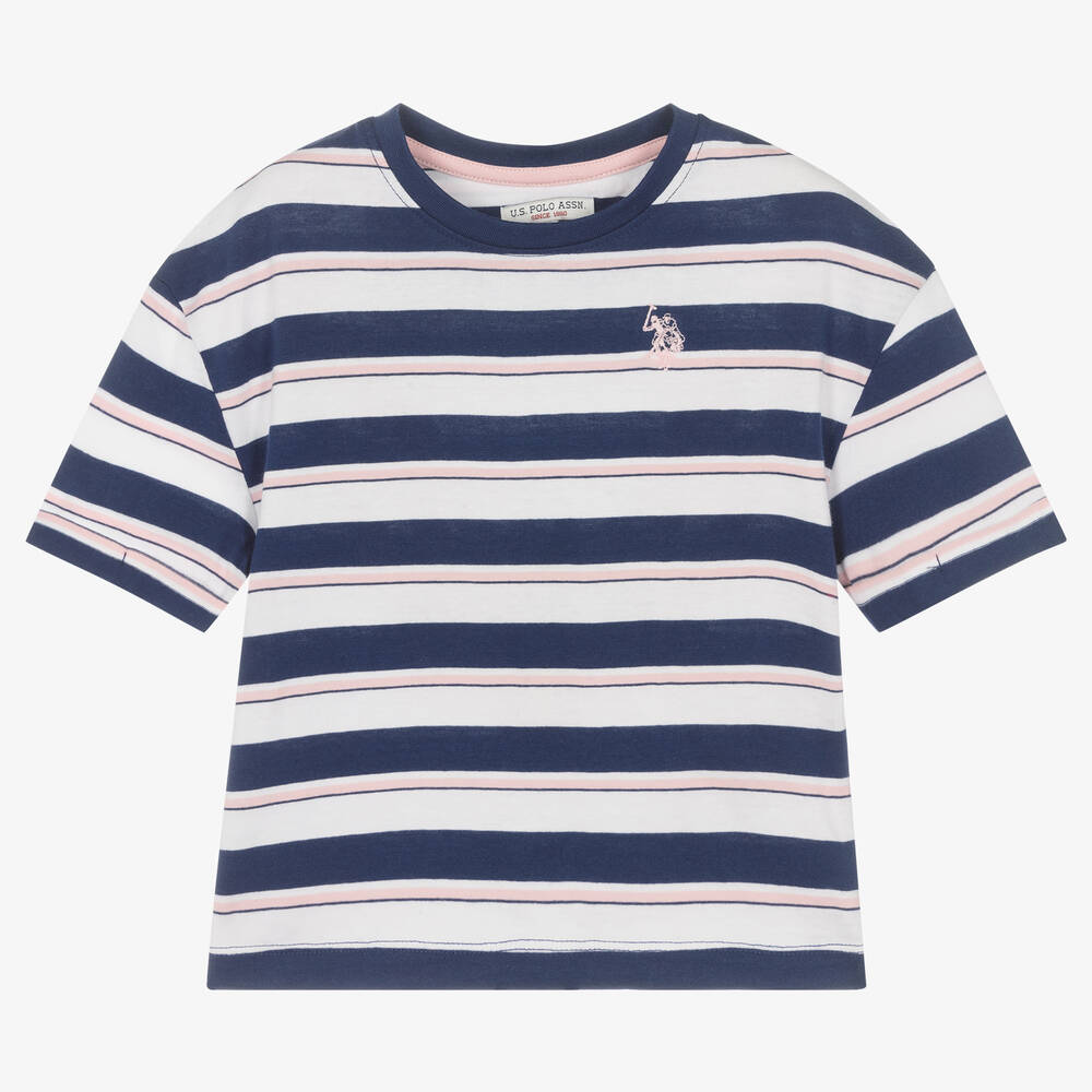 U.S. Polo Assn. - Girls Blue Striped Cotton T-Shirt | Childrensalon