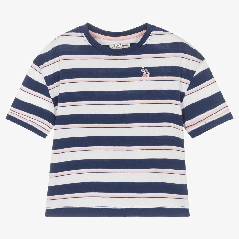 U.S. Polo Assn.-Girls Blue Striped Cotton T-Shirt | Childrensalon Outlet