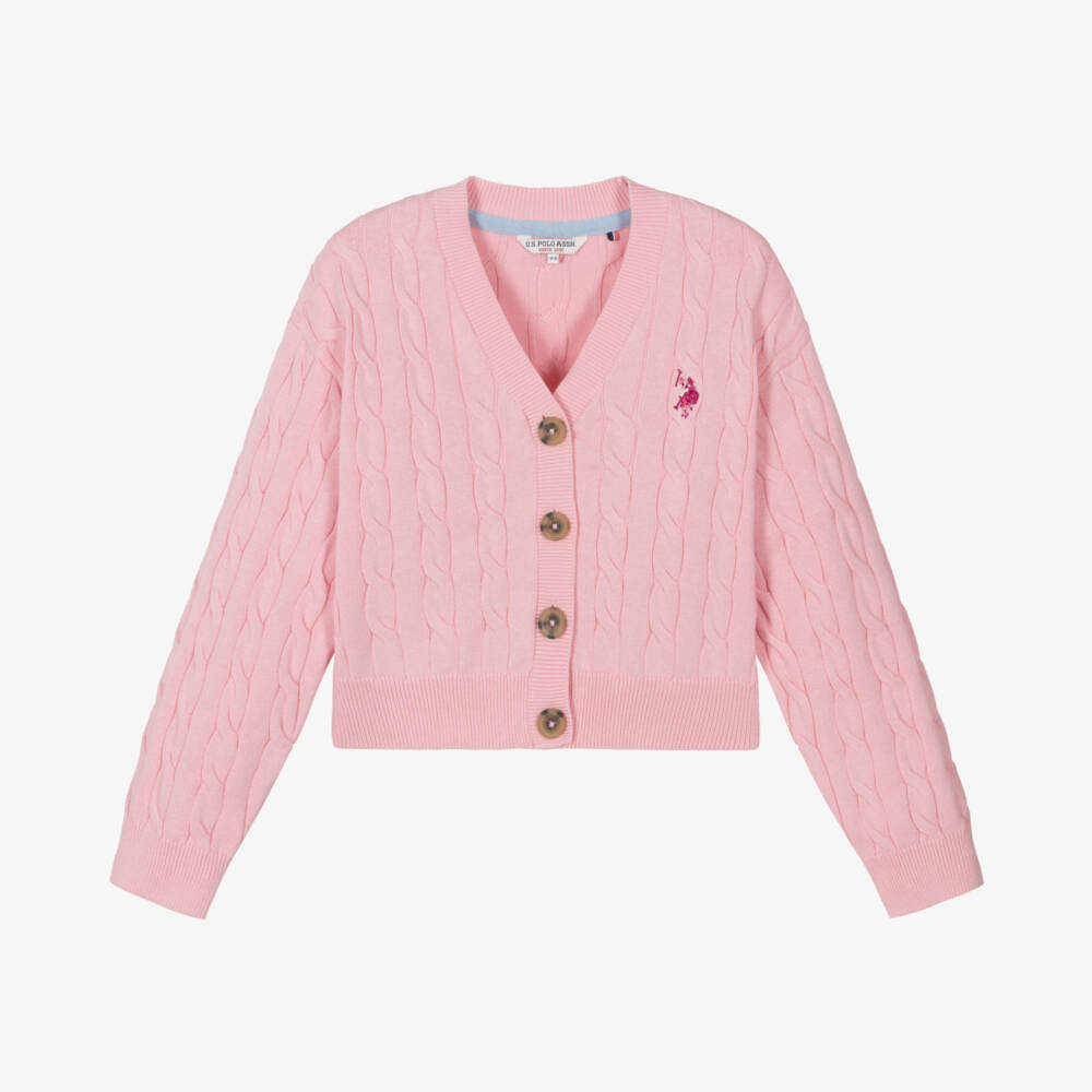 U.S. Polo Assn.-Girls Pink Cable Knit Cotton Cardigan | Childrensalon Outlet