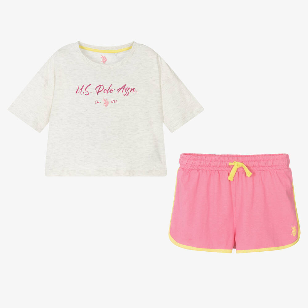 U.S. Polo Assn.-Girls Pink & Grey Shorts Set | Childrensalon Outlet
