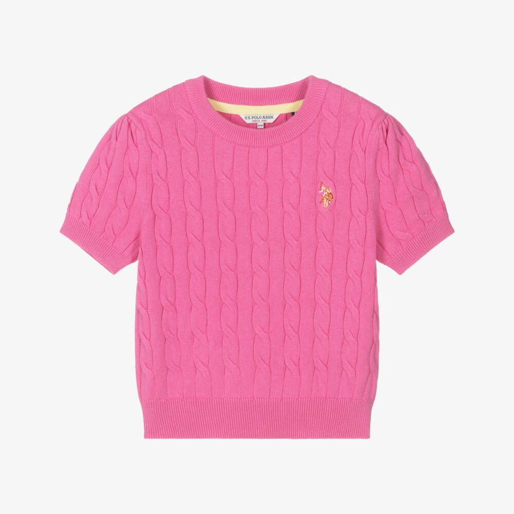 U.S. Polo Assn.-Girls Pink Short-Sleeved Cotton Cable Knit Jumper | Childrensalon Outlet