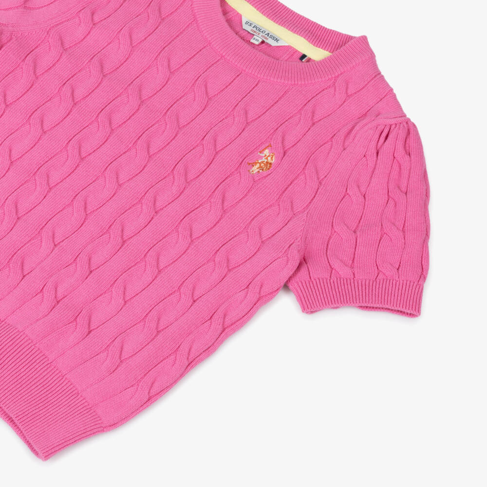 U.S. Polo Assn.-بلوفر بأكمام قصيرة قطن محبوك لون زهري | Childrensalon Outlet