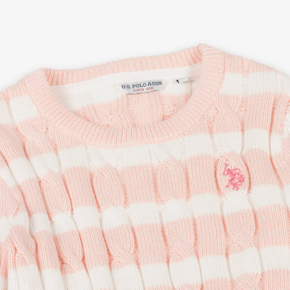 U.S. Polo Assn.-Girls Pink Stripe Cotton Cable Knit Jumper | Childrensalon Outlet
