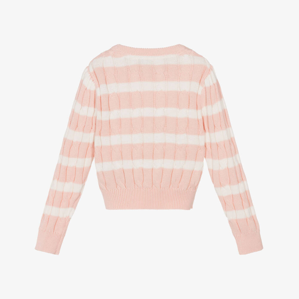 U.S. Polo Assn.-Girls Pink Stripe Cotton Cable Knit Jumper | Childrensalon Outlet