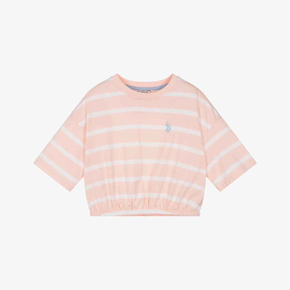 U.S. Polo Assn.-Girls Pink Striped Cotton T-Shirt | Childrensalon Outlet