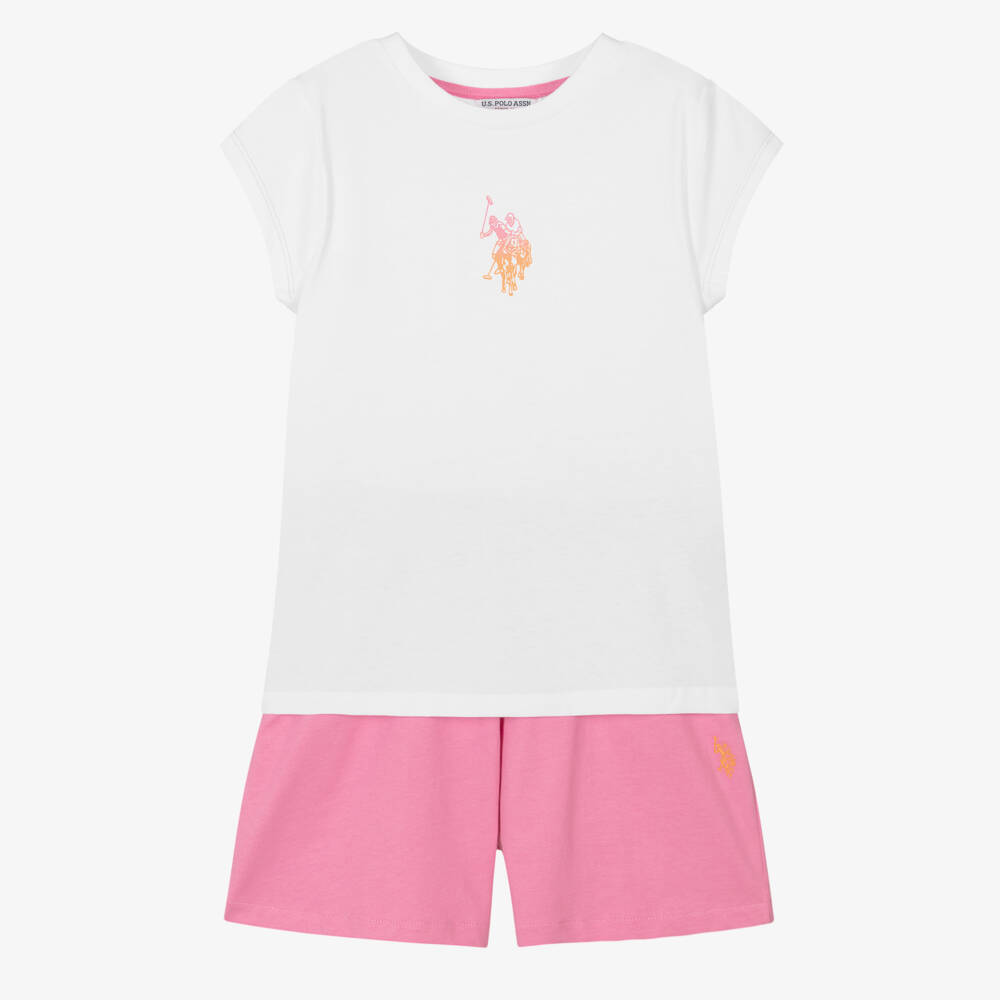U.S. Polo Assn.-Girls Pink & White Jersey Shorts Set | Childrensalon Outlet
