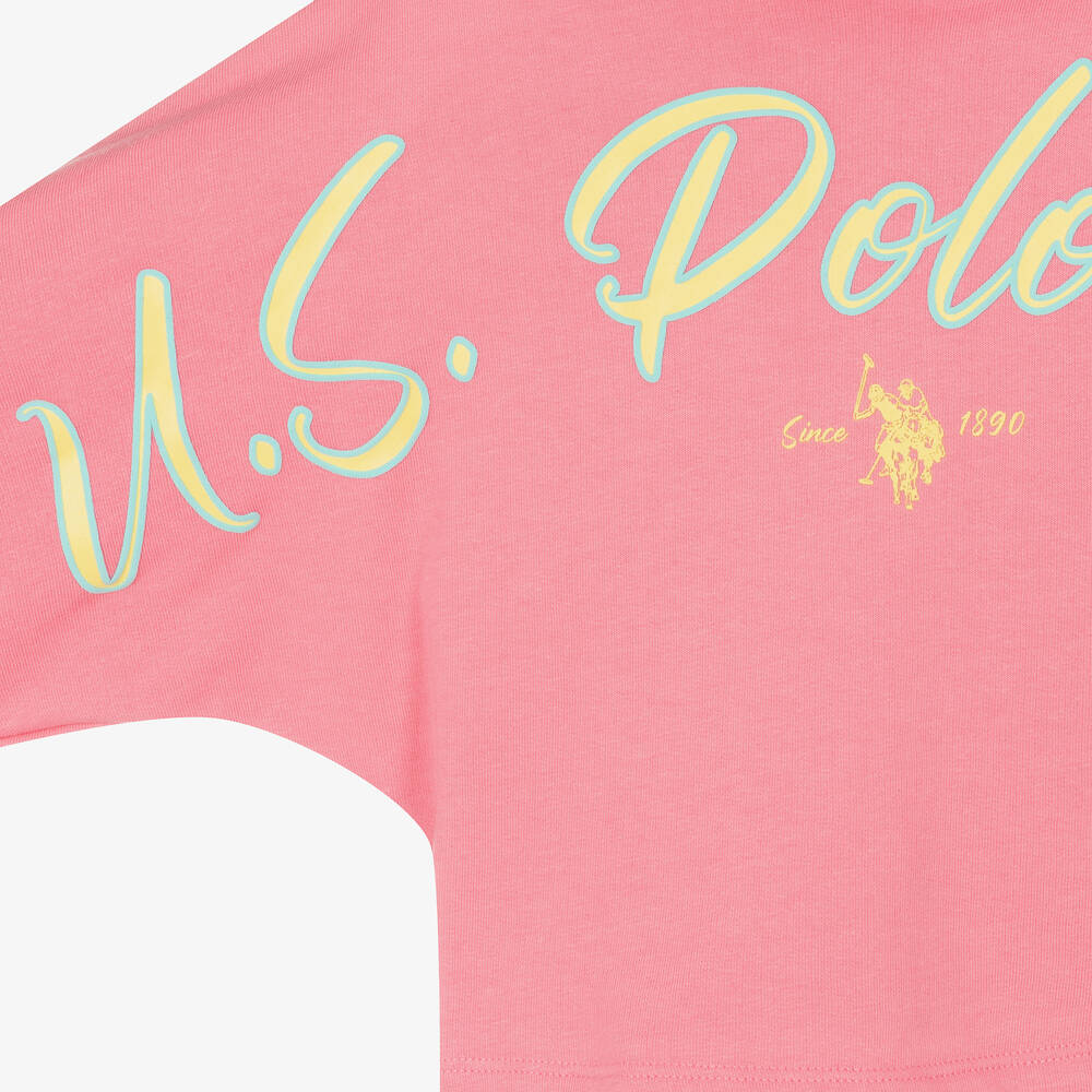 U.S. Polo Assn.-Girls Pink & Yellow Cotton Hooded Top | Childrensalon Outlet