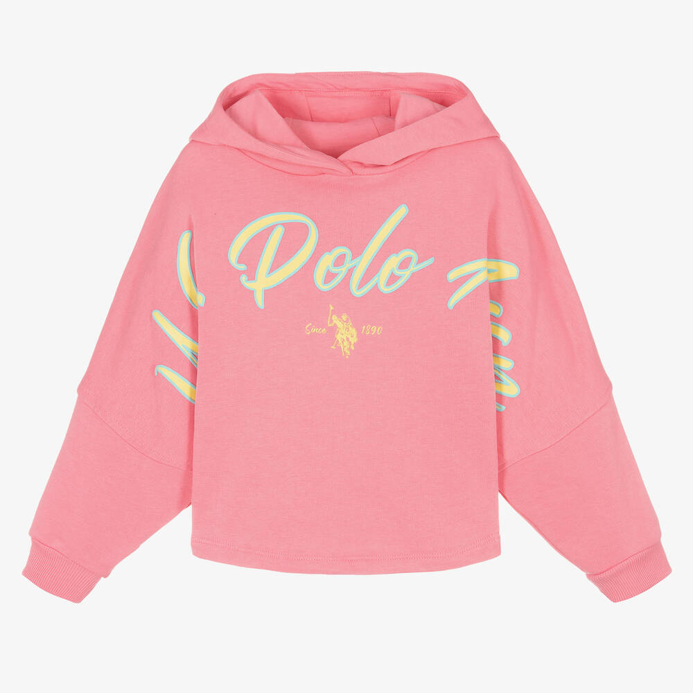 U.S. Polo Assn. - Girls Pink & Yellow Cotton Hooded Top | Childrensalon
