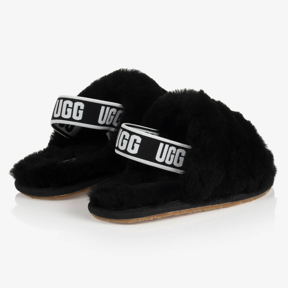 UGG Girls Black Sheepskin Sliders Childrensalon Outlet