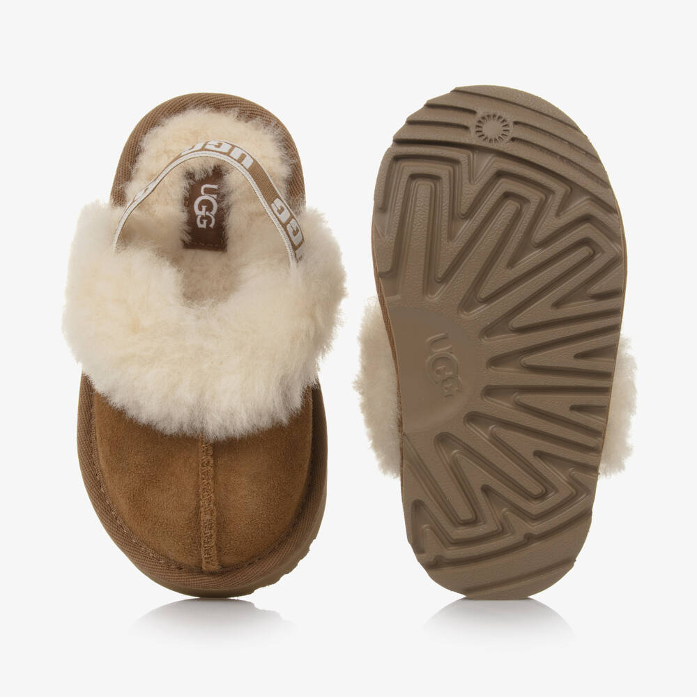 UGG-Girls Chestnut Brown Suede Funkette Slippers | Childrensalon Outlet